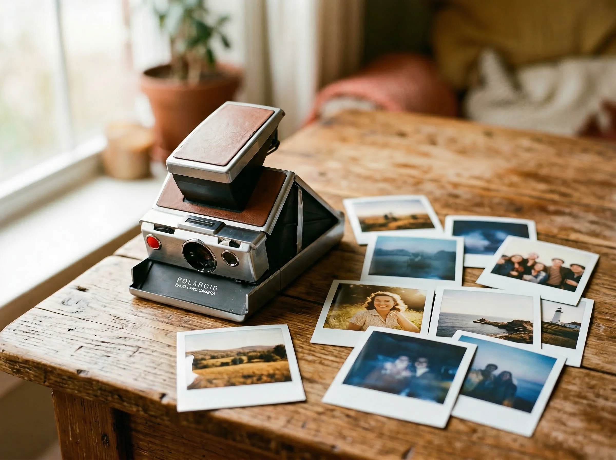 Polaroid SX-70 folding instant camera with prints