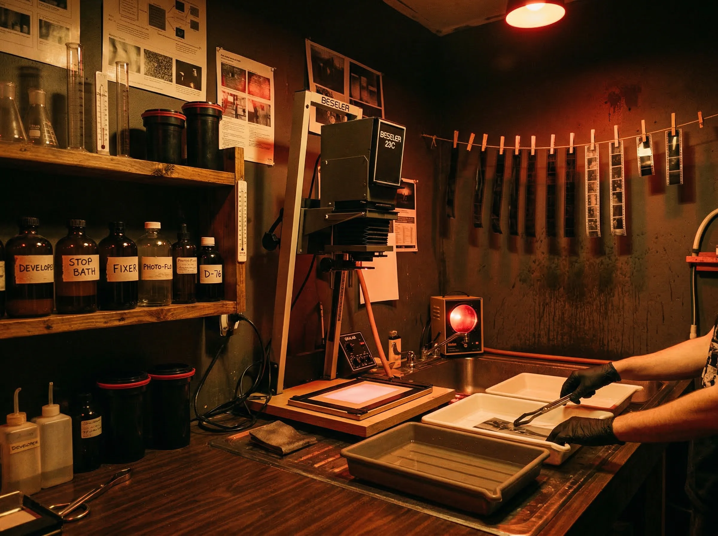 Professional darkroom with film developing equipment and red safelight