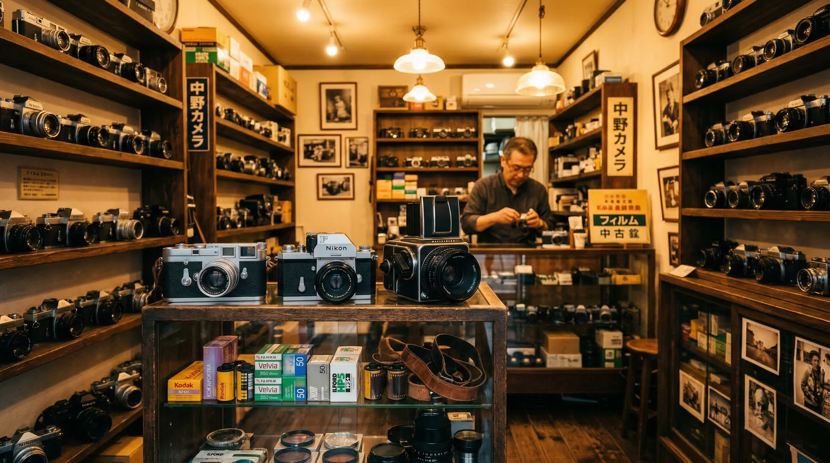 Vintage camera shop interior in Nakano, Tokyo with classic film cameras on wooden shelves